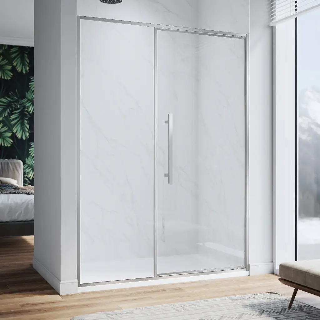 SHOWER CABIN, 116-118XH.200CM ONE FIXED AND ONE OPENING PART, REVERSIBLE, CHROME / 6MM SAFETY GLASS WITH NANO EASY CLEAN COATING ON THE INSIDE, 60CM SQUARE HANDLE, MAGNETIC CLOSURE 