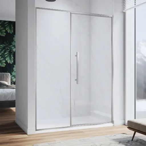 [21958] SHOWER CABIN, 111-113XH.200CM ONE FIXED AND ONE OPENING PART, REVERSIBLE, CHROME / 6MM SAFETY GLASS WITH NANO EASY CLEAN COATING ON THE INSIDE, 60CM SQUARE HANDLE, MAGNETIC CLOSURE   
